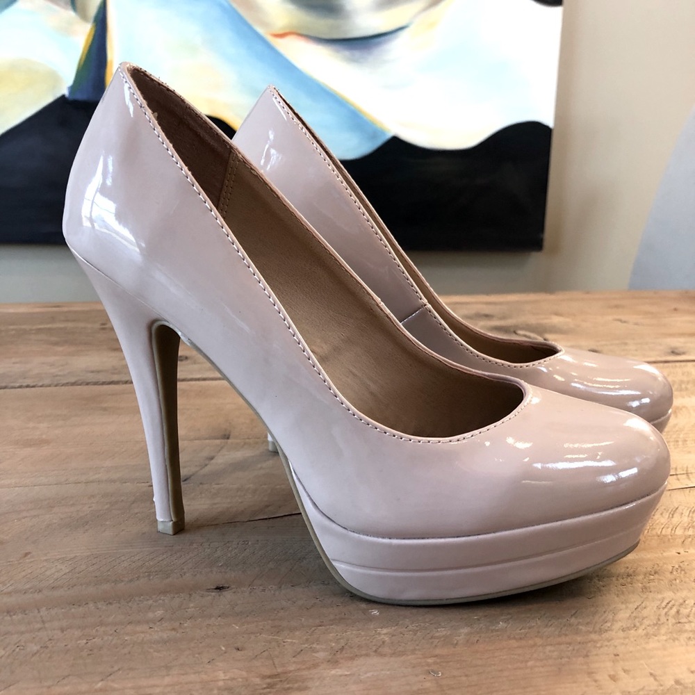 LC Lauren Conrad Johanna Platform Pump Heels Glossy Light Nude Patent Look Sz 8